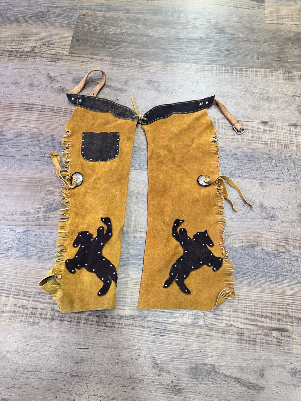 M&F Suede Fringe Chaps in Mustard Yellow with Black Applique